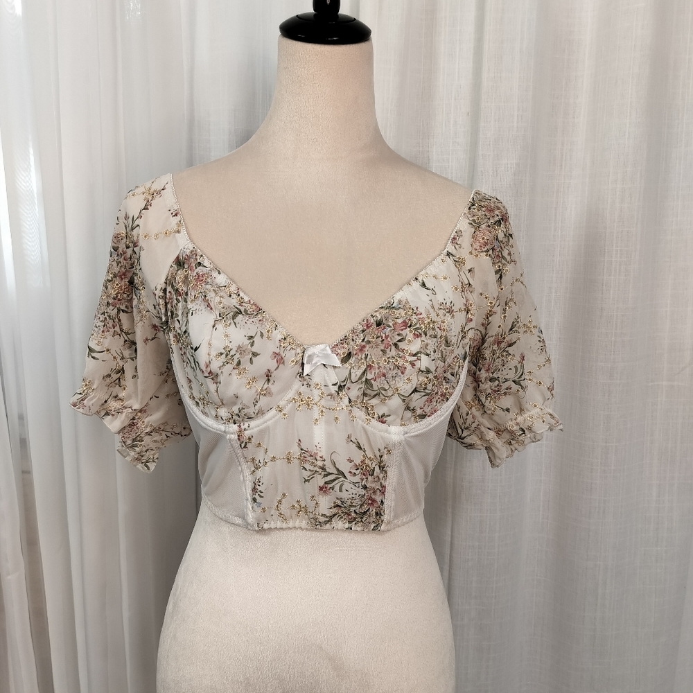 2/$30 Floral Cream‎ Bralet Womens Size L Puff Sleeves Cottage Coquette Girlcore